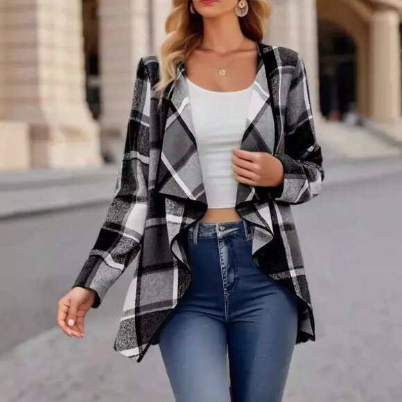 2/$40 Grey Plaid Open Front Cardigan Jacket Long Sleeve Casual Coat - Picture 1 of 7